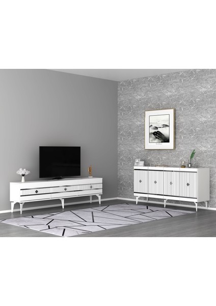Lennora Tv Sehpası (Alt Modül) ve Konsol 2'li Salon Takımı Beyaz-Gümüş