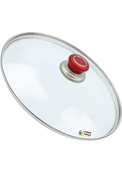 Tencere Sahan Tava Cam Kapağı Kapak 28 cm Kırmızı Tutma Tepesi