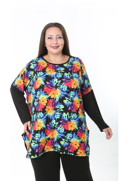 Kadın Likralı Yünlü Viskon Ön Desenli Büyük Beden Tunik