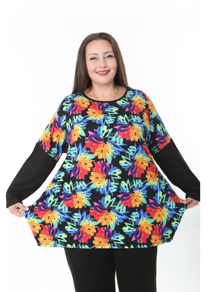 Kadın Likralı Yünlü Viskon Ön Desenli Büyük Beden Tunik modelleri