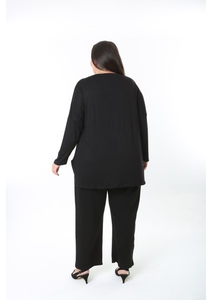 Kadın Likralı Yünlü Viskon Ön Desenli Büyük Beden Tunik