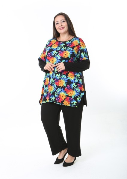 Kadın Likralı Yünlü Viskon Ön Desenli Büyük Beden Tunik