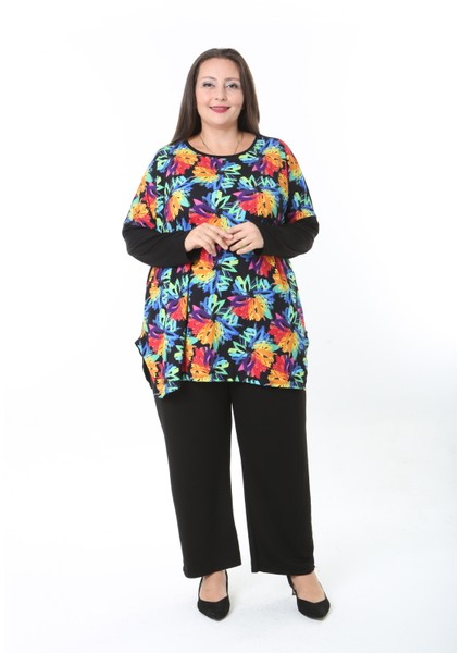 Kadın Likralı Yünlü Viskon Ön Desenli Büyük Beden Tunik