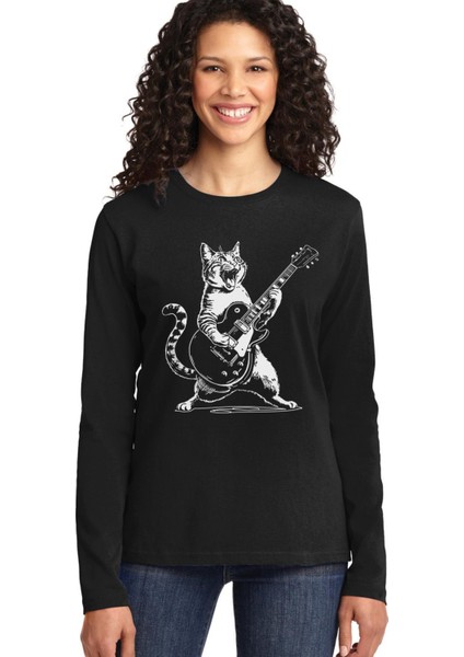 Sarman Rock Siyah Bisiklet Yaka Uzun Kollu Penye Kadın T-Shirt