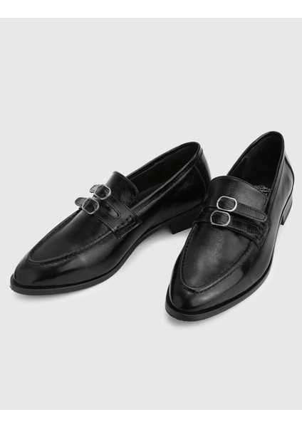 Lorayn Hakiki Rugan Deri Siyah Kadın Loafer modelleri