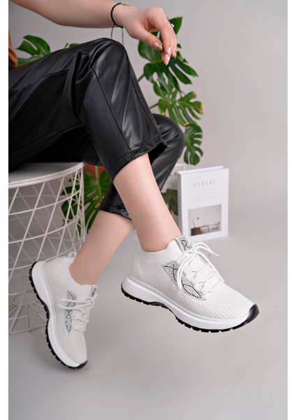 Kadın Bağcıklı Triko Poli Taban Spor Sneaker Ayakkabı-Beyaz