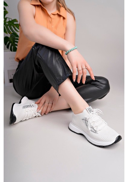 Kadın Bağcıklı Triko Poli Taban Spor Sneaker Ayakkabı-Beyaz fiyatları