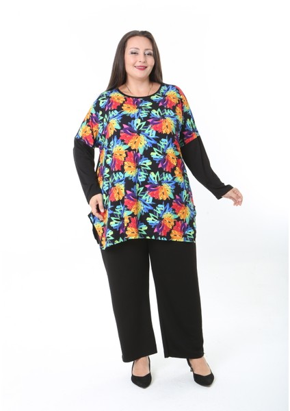 Kadın Likralı Yünlü Viskon Ön Desenli Büyük Beden Tunik