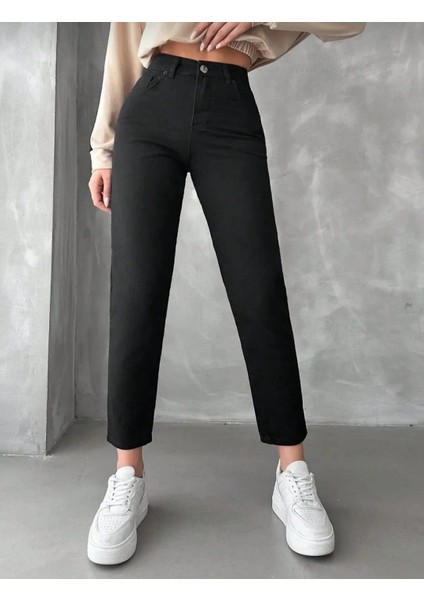 Kadın Solmayan Siyah Yüksel Bel Mom Jeans Boyfrend Pantolon