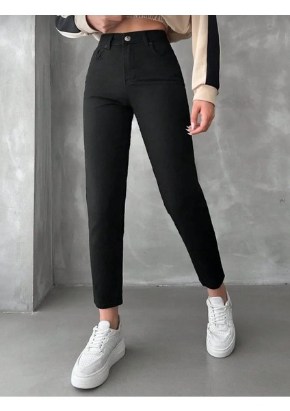 Kadın Solmayan Siyah Yüksel Bel Mom Jeans Boyfrend Pantolon fiyatları