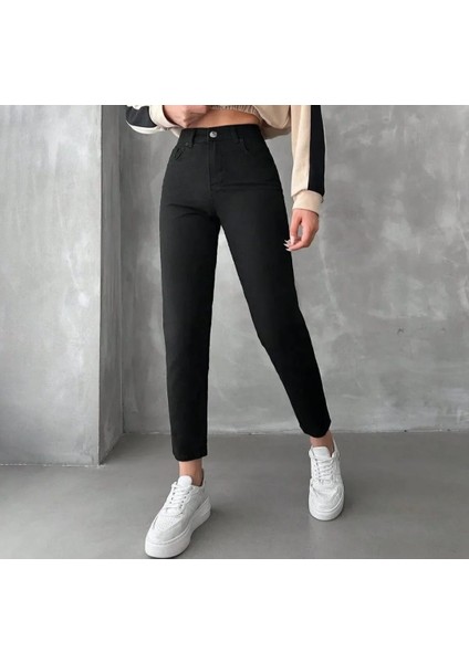Kadın Solmayan Siyah Yüksel Bel Mom Jeans Boyfrend Pantolon fırsatları