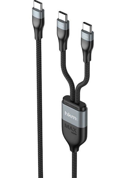 DUO POWER 100W Çift Uçlu, Type-C To Type-C + Type-C Şarj Kablosu, Örgü Tasarım, 1.2 Metre, Siyah