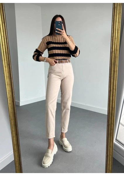 Kadın Krem Yüksel Bel Mom Jeans Boyfrend Pantolon
