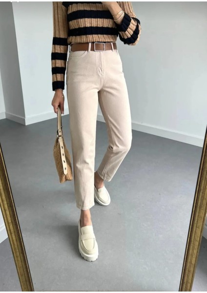 Kadın Krem Yüksel Bel Mom Jeans Boyfrend Pantolon fiyatları