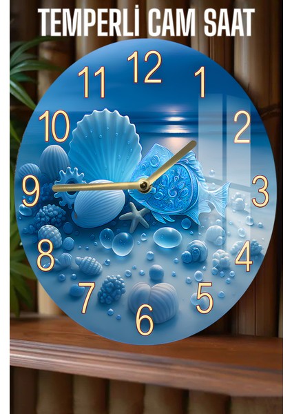 Mavi Deniz Kabuklu 3D Görünümlü Temperli Cam Saat – 33 cm CSDW379
