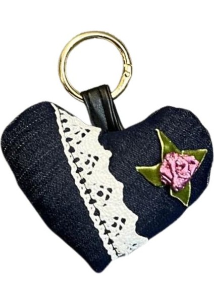 5779 El Yapımı Kalp Model Gül Motifli Anahtarlık
