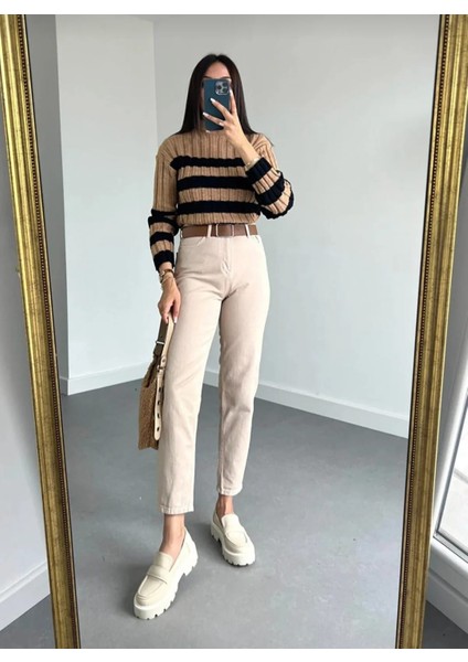 Kadın Krem Yüksel Bel Mom Jeans Boyfrend Pantolon modelleri