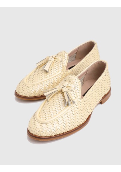 Josie Hakiki Örgü Deri Altın Kadın Loafer Ayakkabı fiyatları