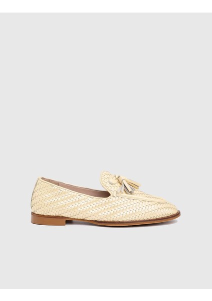 Josie Hakiki Örgü Deri Altın Kadın Loafer Ayakkabı modelleri