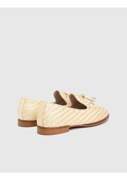 Josie Hakiki Örgü Deri Altın Kadın Loafer Ayakkabı fırsatları