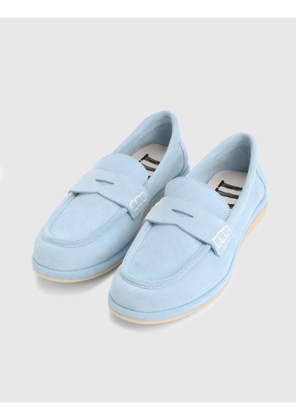 Nelina Hakiki Süet Deri Mavi Kadın Loafer Ayakkabı