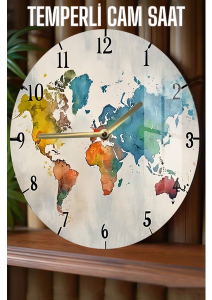 Renkli Dünya Haritası 3D Görünümlü Temperli Cam Saat – 33 cm CSDW370