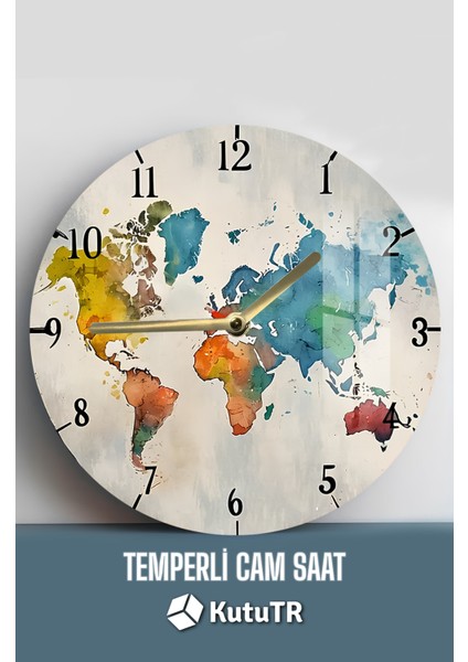 Renkli Dünya Haritası 3D Görünümlü Temperli Cam Saat – 33 cm CSDW370 fiyatları