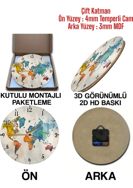 Renkli Dünya Haritası 3D Görünümlü Temperli Cam Saat – 33 cm CSDW370 indirimleri