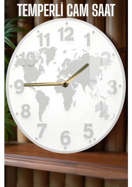 Dünya Haritası Desenli 3D Görünümlü Temperli Cam Saat – 33 cm CSDW436