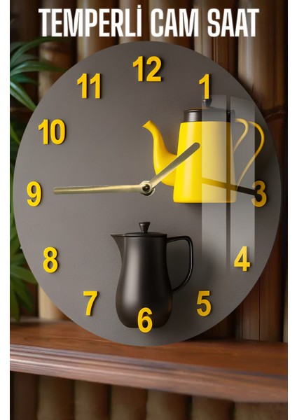 Çaydanlık ve Kahve Potası Desenli 3D Görünümlü Temperli Cam Saat – 33 cm CSDW409