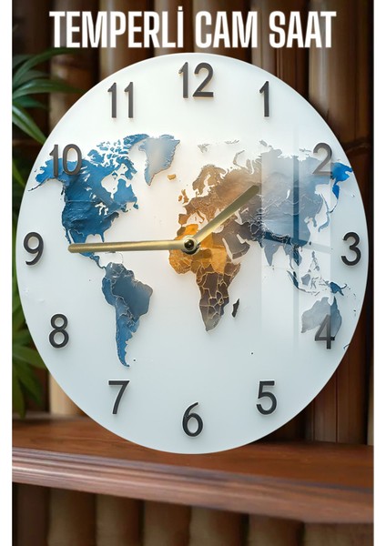 Dünya Haritası Desenli 3D Görünümlü Temperli Cam Saat – 33 cm CSDW369