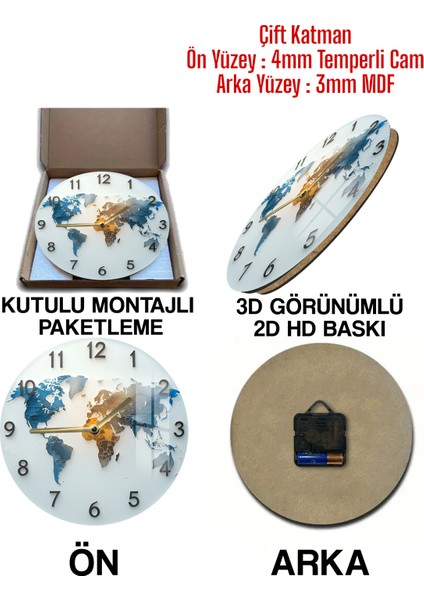 Dünya Haritası Desenli 3D Görünümlü Temperli Cam Saat – 33 cm CSDW369 indirimleri