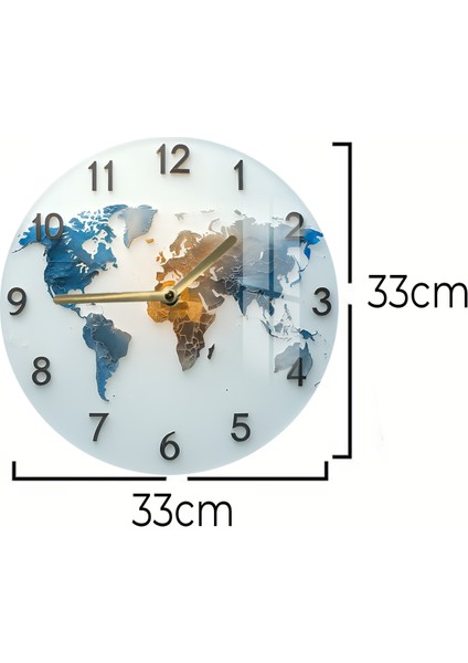 Dünya Haritası Desenli 3D Görünümlü Temperli Cam Saat – 33 cm CSDW369