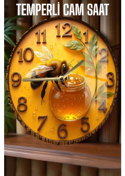 Arı ve Bal Kavanozu Desenli 3D Görünümlü Temperli Cam Saat – 33 cm CSDW433
