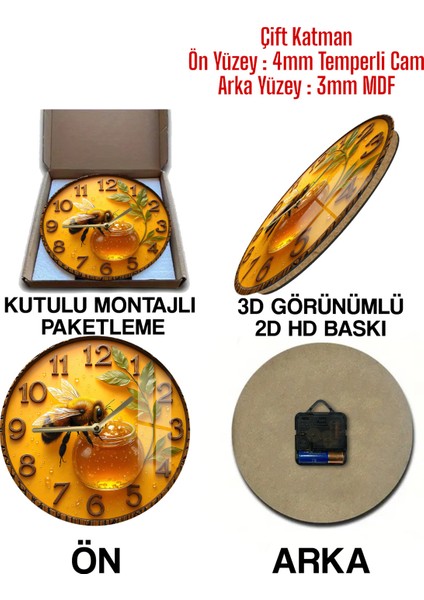 Arı ve Bal Kavanozu Desenli 3D Görünümlü Temperli Cam Saat – 33 cm CSDW433 indirimleri