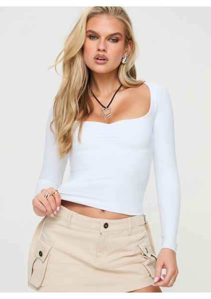 Uzun Kollu Kare Yaka Slim Fit Kadın Crop Bluz