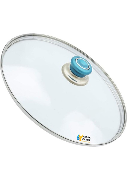 Tencere Sahan Tava Cam Kapağı Kapak 28 cm Turkuaz Tutma Tepesi