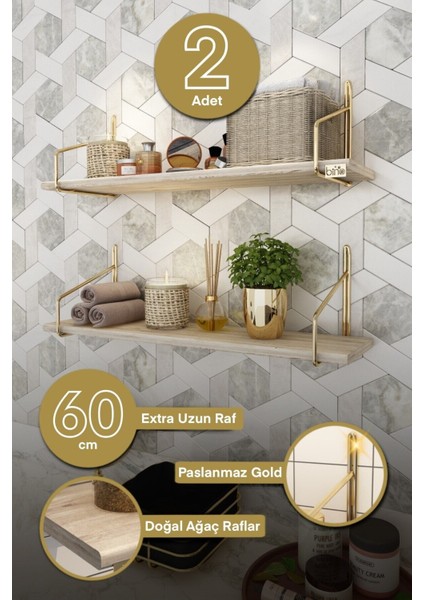 Ahşap Mutfak ve Banyo Raf Seti 60x15 cm – Paslanmaz Altın Kromajlı, Modern Tasarımlı, Geniş Depolama Alanlı, 2'li