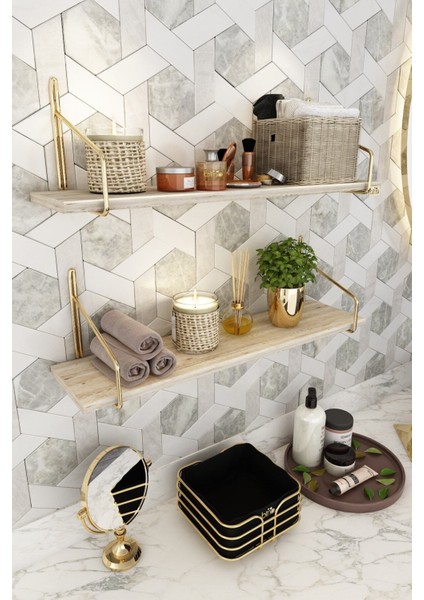 Ahşap Mutfak ve Banyo Raf Seti 60x15 cm – Paslanmaz Altın Kromajlı, Modern Tasarımlı, Geniş Depolama Alanlı, 2'li