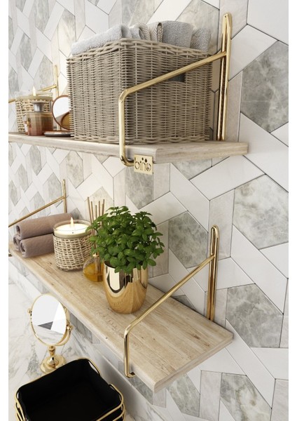 Ahşap Mutfak ve Banyo Raf Seti 60x15 cm – Paslanmaz Altın Kromajlı, Modern Tasarımlı, Geniş Depolama Alanlı, 2'li