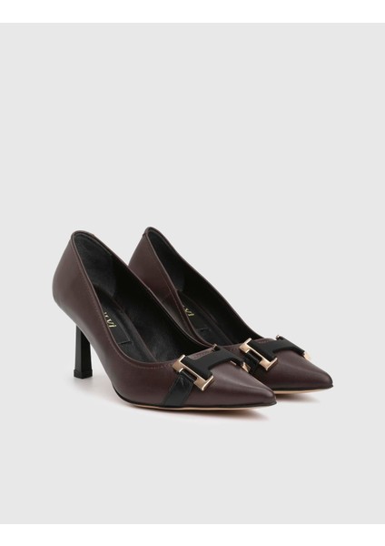 Lizone Hakiki Deri Kahverengi Kadın Topuklu Ayakkabı