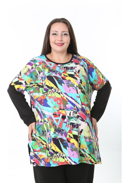 Kadın Likralı Yünlü Viskon Ön Desenli Büyük Beden Tunik