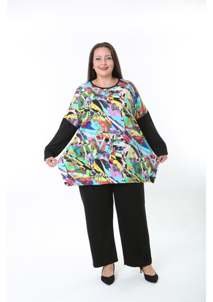 Kadın Likralı Yünlü Viskon Ön Desenli Büyük Beden Tunik indirimleri