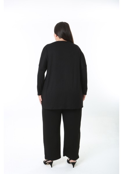 Kadın Likralı Yünlü Viskon Ön Desenli Büyük Beden Tunik