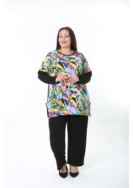 Kadın Likralı Yünlü Viskon Ön Desenli Büyük Beden Tunik