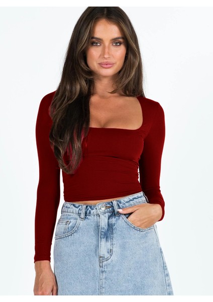 Kare Yaka Uzun Kollu Crop Bluz – Esnek Kumaş, Modern Stil fiyatları