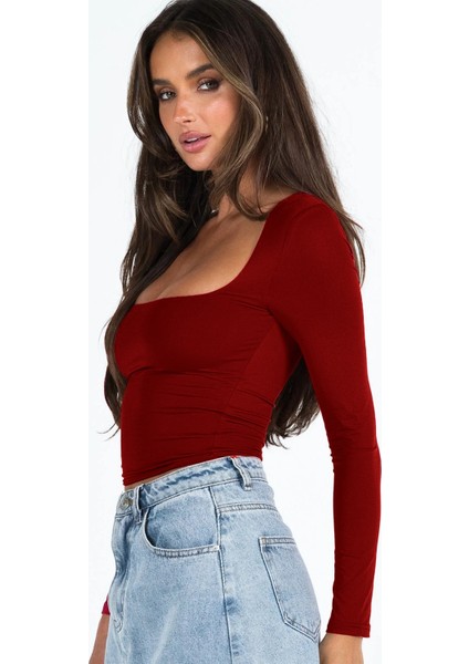 Kare Yaka Uzun Kollu Crop Bluz – Esnek Kumaş, Modern Stil indirimleri