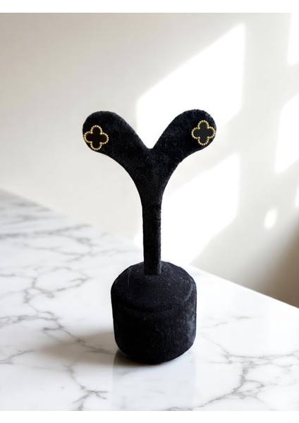 Sarı Siyah Beş Yapraklı Yonca Çelik Küpe CNS100-4