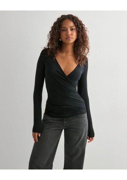 Uzun Kollu V Yaka Kruvaze Bluz fırsatları