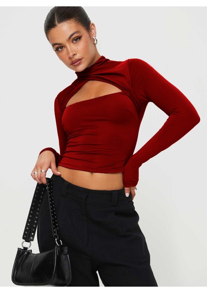 Kadın Uzun Kollu Cut Out Bluz – Çapraz Yaka, Crop Fit, Esnek Kumaş